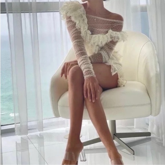 House of CB ‘Sorrel’ Ivory Lace Frill Tulle Asymmetric Minidress NWT - Picture 9 of 15